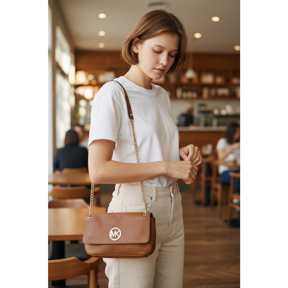 Michael Kors Brown Leather Convertible Crossbody Shoulder Bag Gold Chain